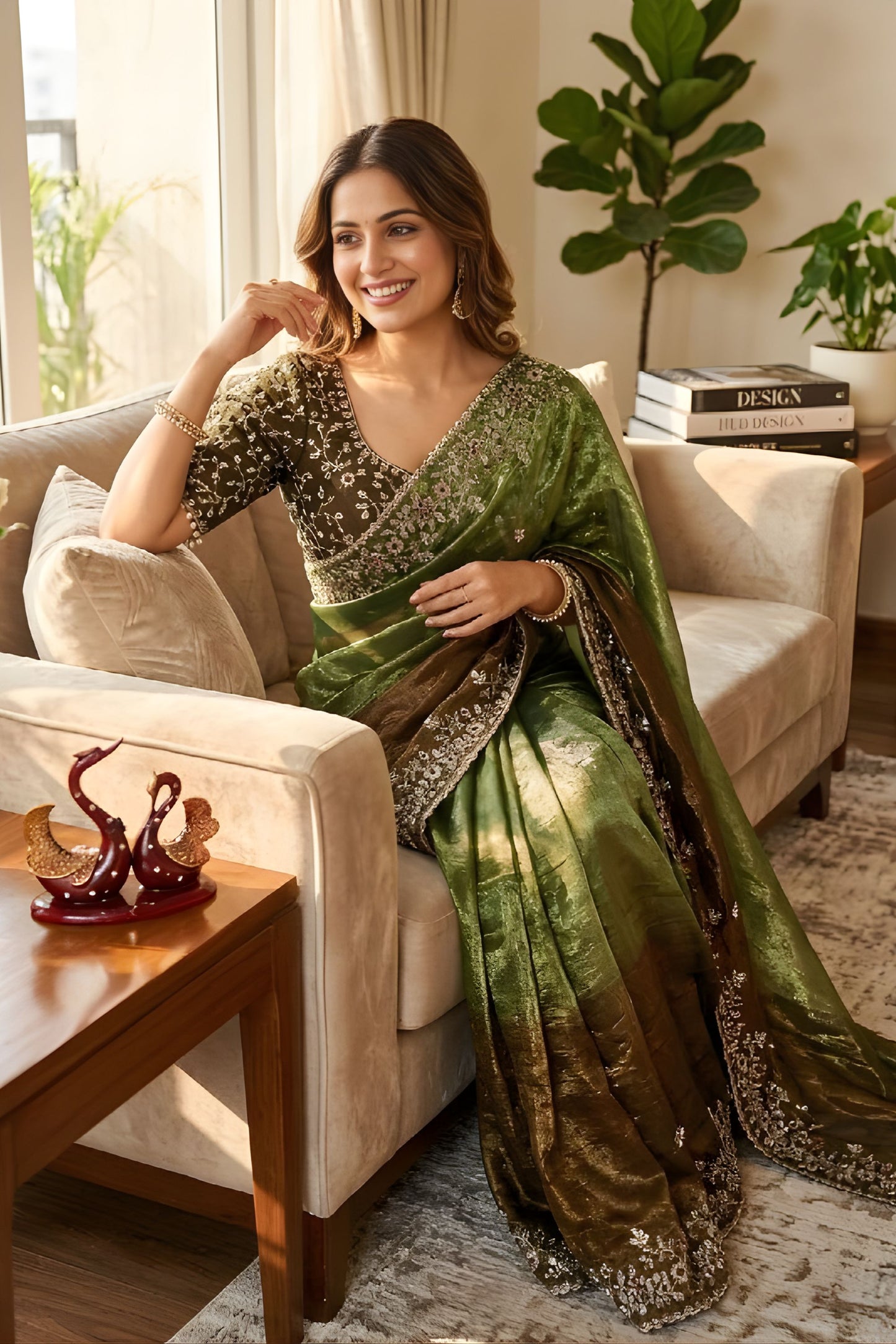 Olive Green Designer Silk Saree with Embroidered Border Sequins Work