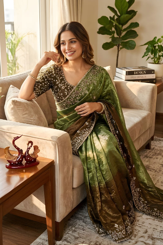 Olive Green Designer Silk Saree with Embroidered Border Sequins Work