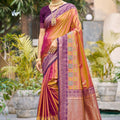 Stunning Rani Pink and Mustard Silk Saree with Purple Zari Woven Border