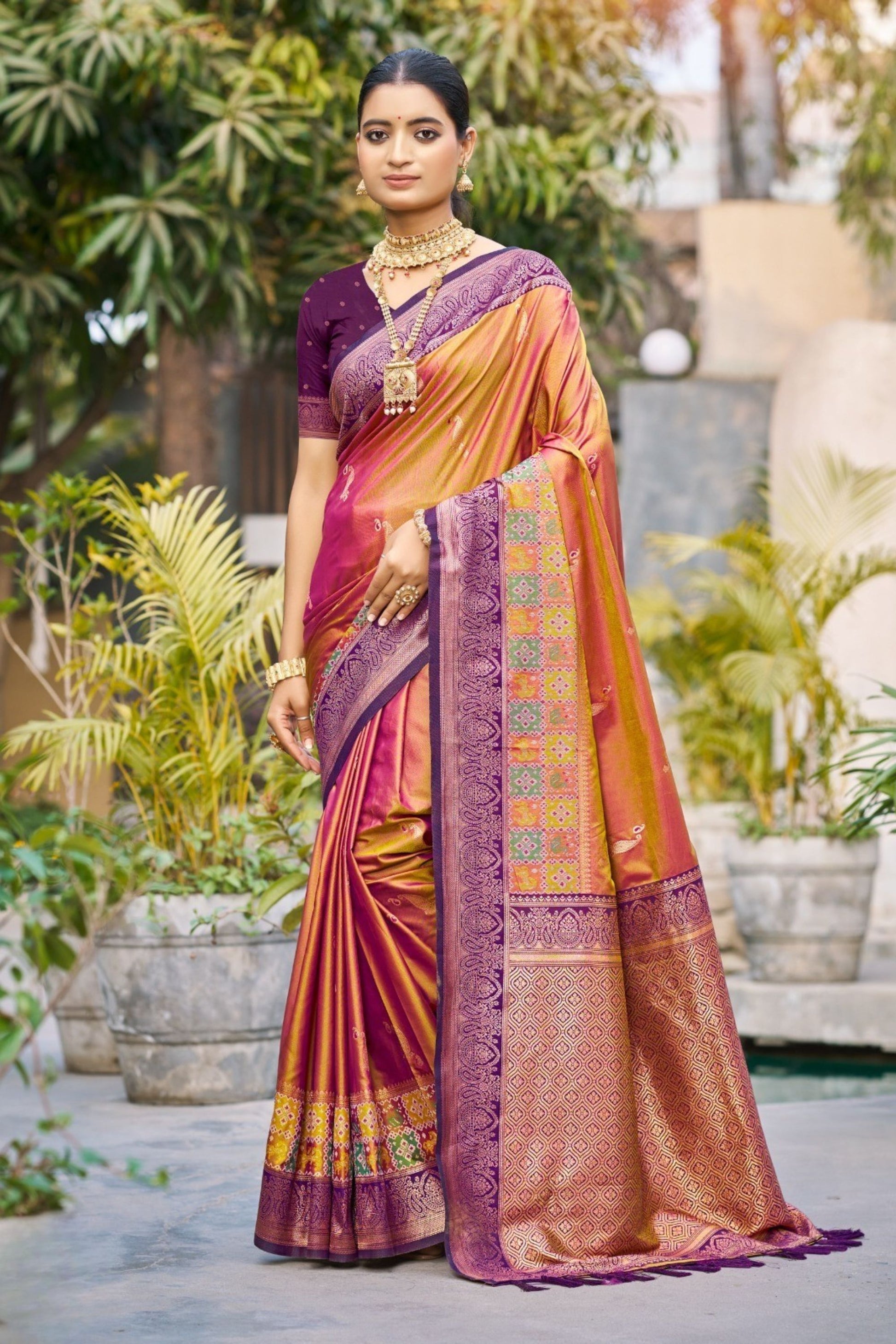 Stunning Rani Pink and Mustard Silk Saree with Purple Zari Woven Border