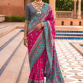 Designer Pink Patola Silk Saree Grey Border Teal Ikat Weaving 