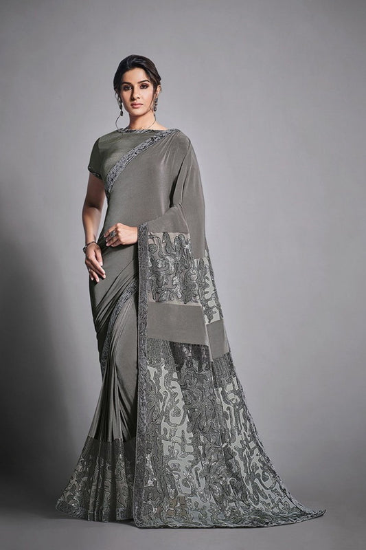 Stylish Grey Embroidered Georgette Saree with Designer Blouse