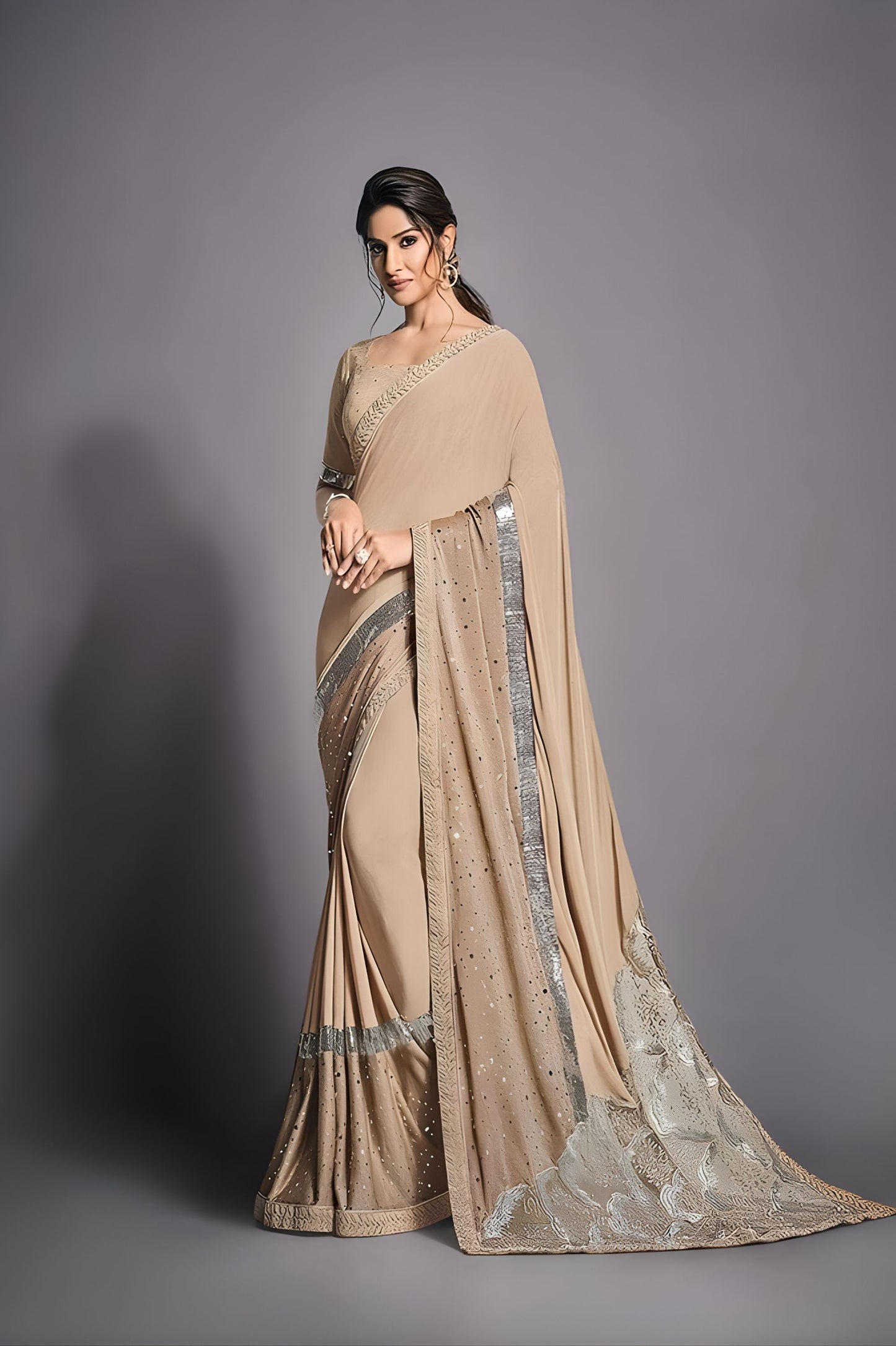 Beige Designer Georgette Saree with Sequin Work Metallic Border