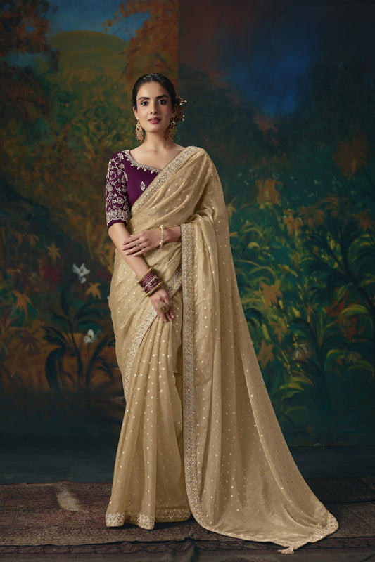 Regal Beige Bemberg Butti Saree with Beads Work and Designer Border for Women