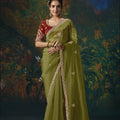 Captivating Olive Green Silk Saree with Beads Work and Designer Border for Women