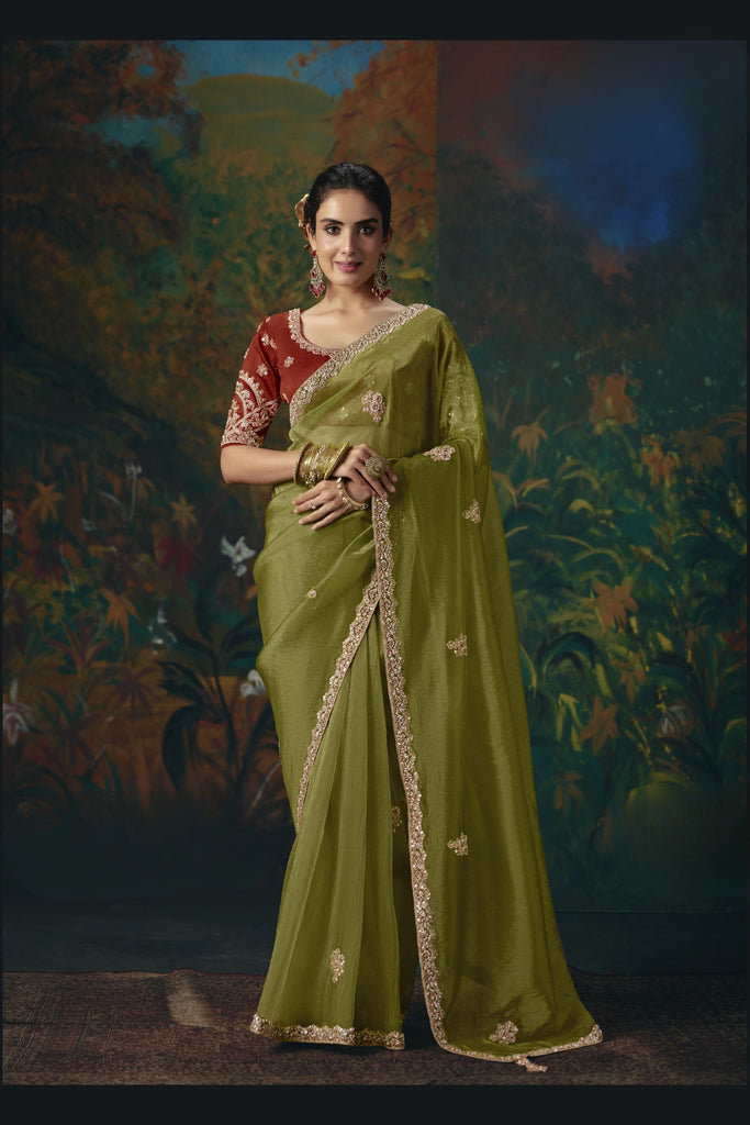 Captivating Olive Green Silk Saree with Beads Work and Designer Border for Women