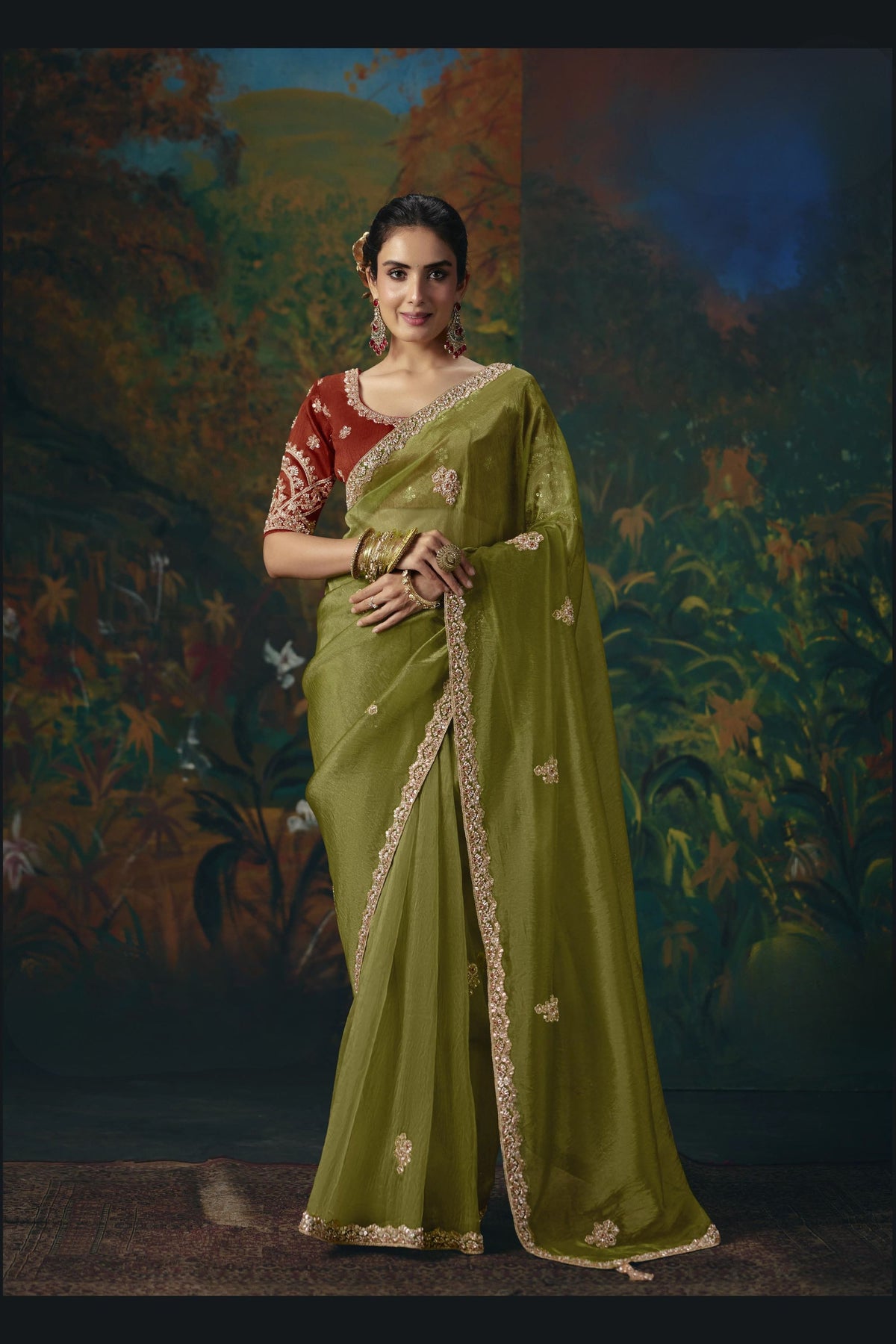 Captivating Olive Green Silk Saree with Beads Work and Designer Border for Women