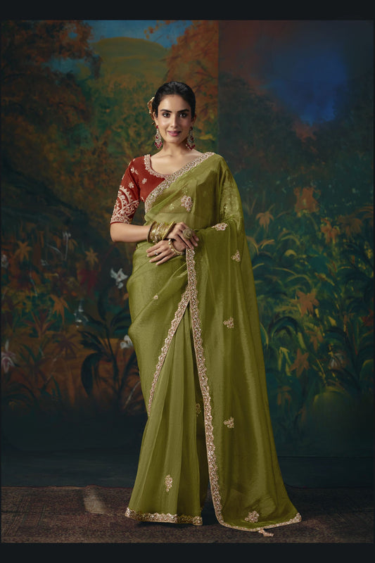 Captivating Olive Green Silk Saree with Beads Work and Designer Border for Women