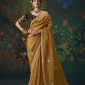 Exquisite Mustard Yellow Silk Saree with Beads Work and Designer Border for Women