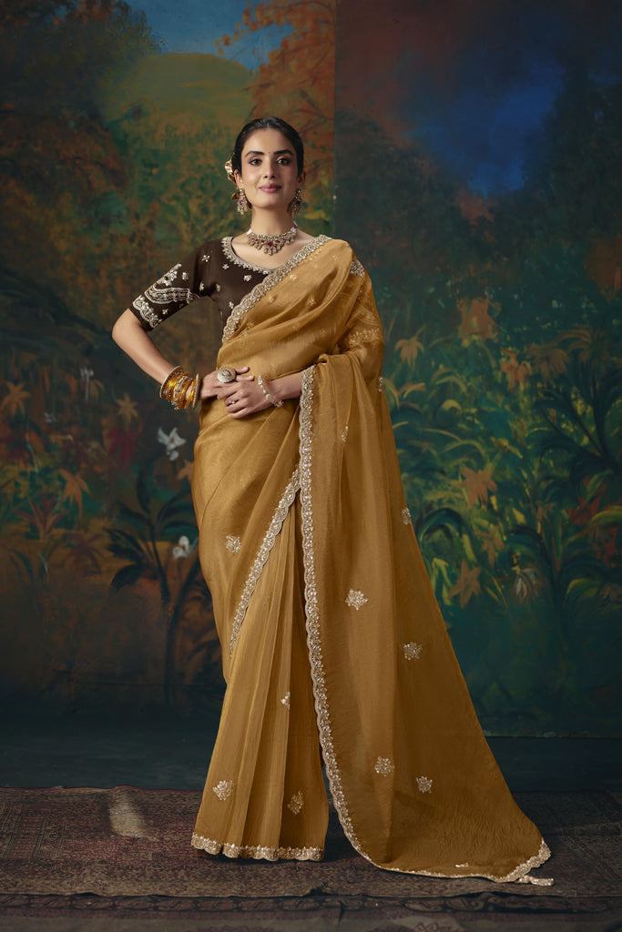 Exquisite Mustard Yellow Silk Saree with Beads Work and Designer Border for Women