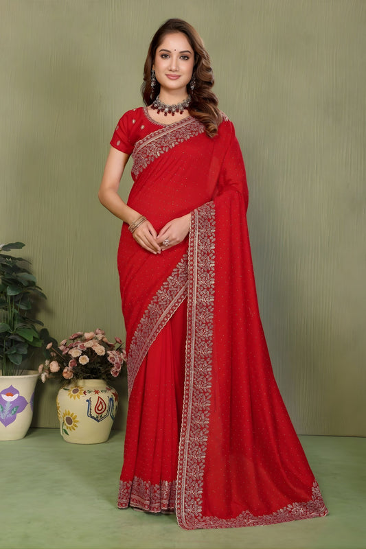 Red Georgette Saree with Heavy Gold Embroidered Border Matching Blouse