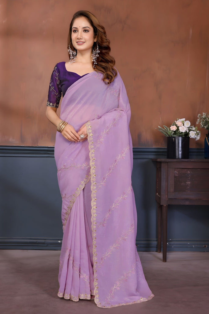 Lavender Georgette Saree with Gold Embroidered Border Matching Blouse