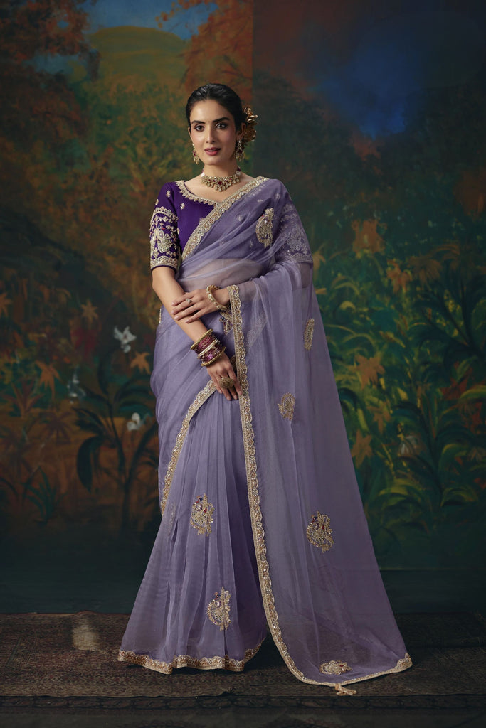 Stylish Lavender Bemberg Silk Saree with Beads Work and Designer Border for Women