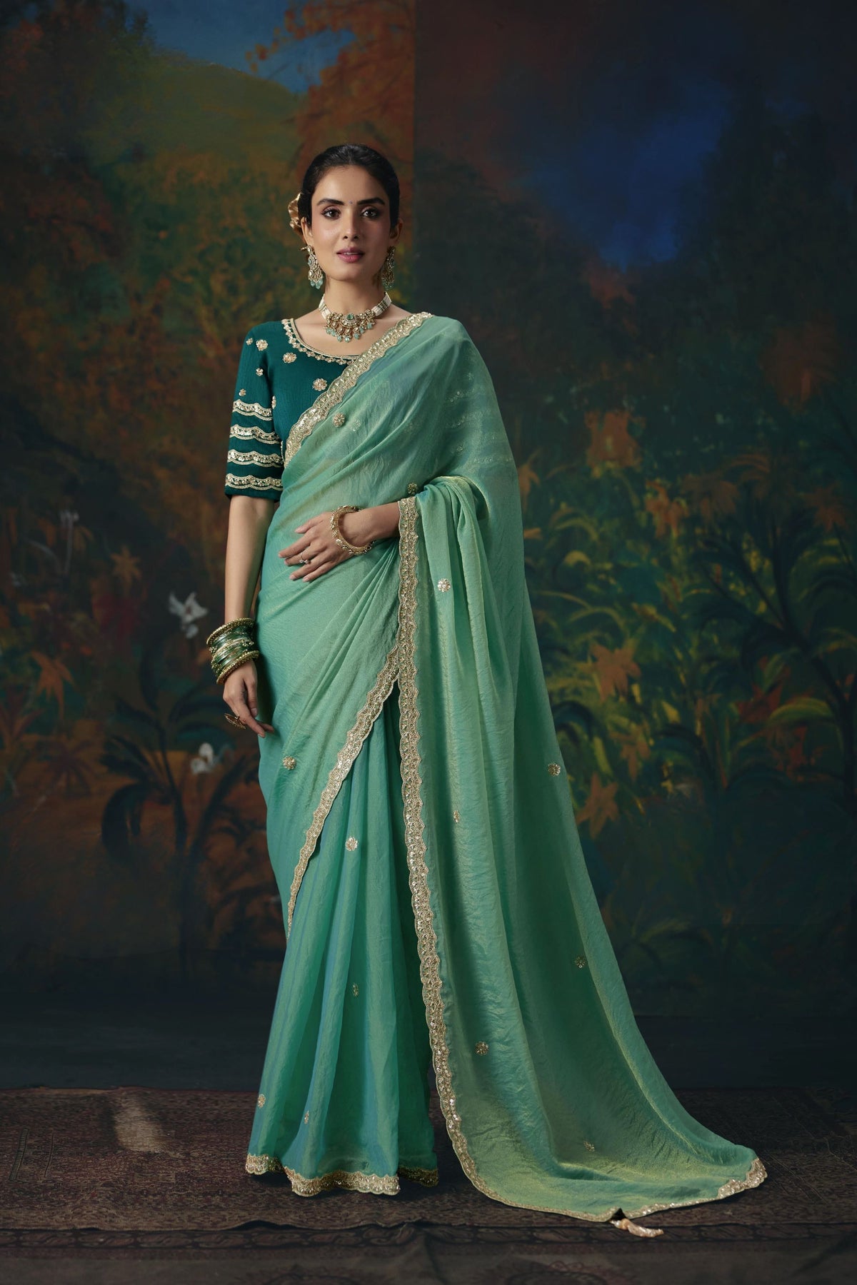 Graceful Sea Green Silk Saree with Beads Work and Designer Border for Women