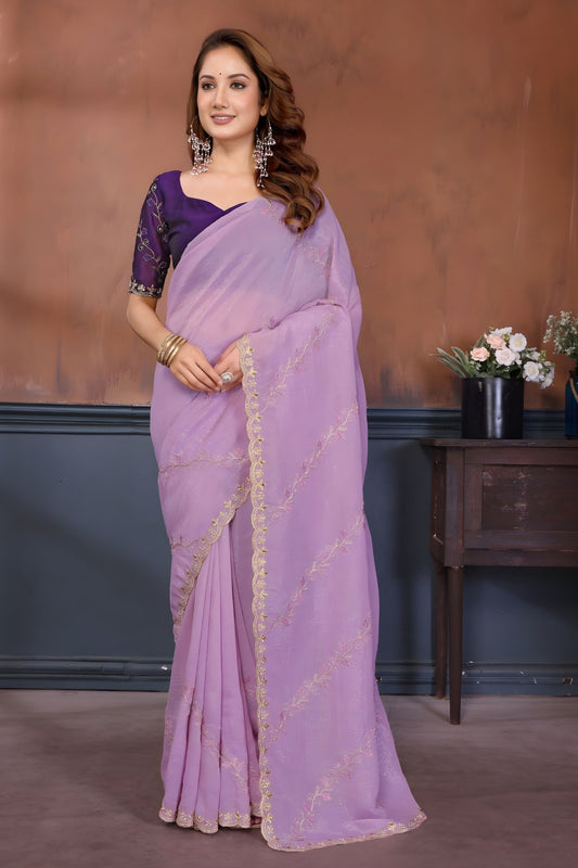 Lavender Georgette Saree with Gold Embroidered Border Matching Blouse
