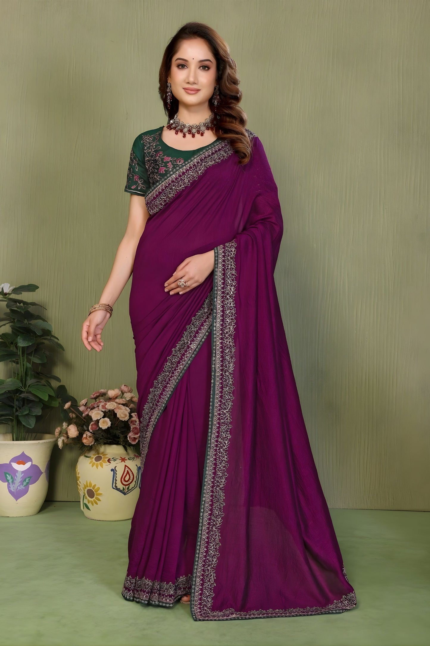 Wine Purple Designer Saree with Silver Embroidery Festive Wear