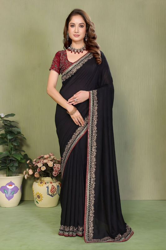 Black Party Wear Saree with Golden Embroidered Border