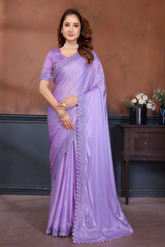 Lavender Party Wear Saree with Embroidered Lace Border 