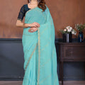 Sea Green Georgette Designer Saree with Gold Embroidered Border