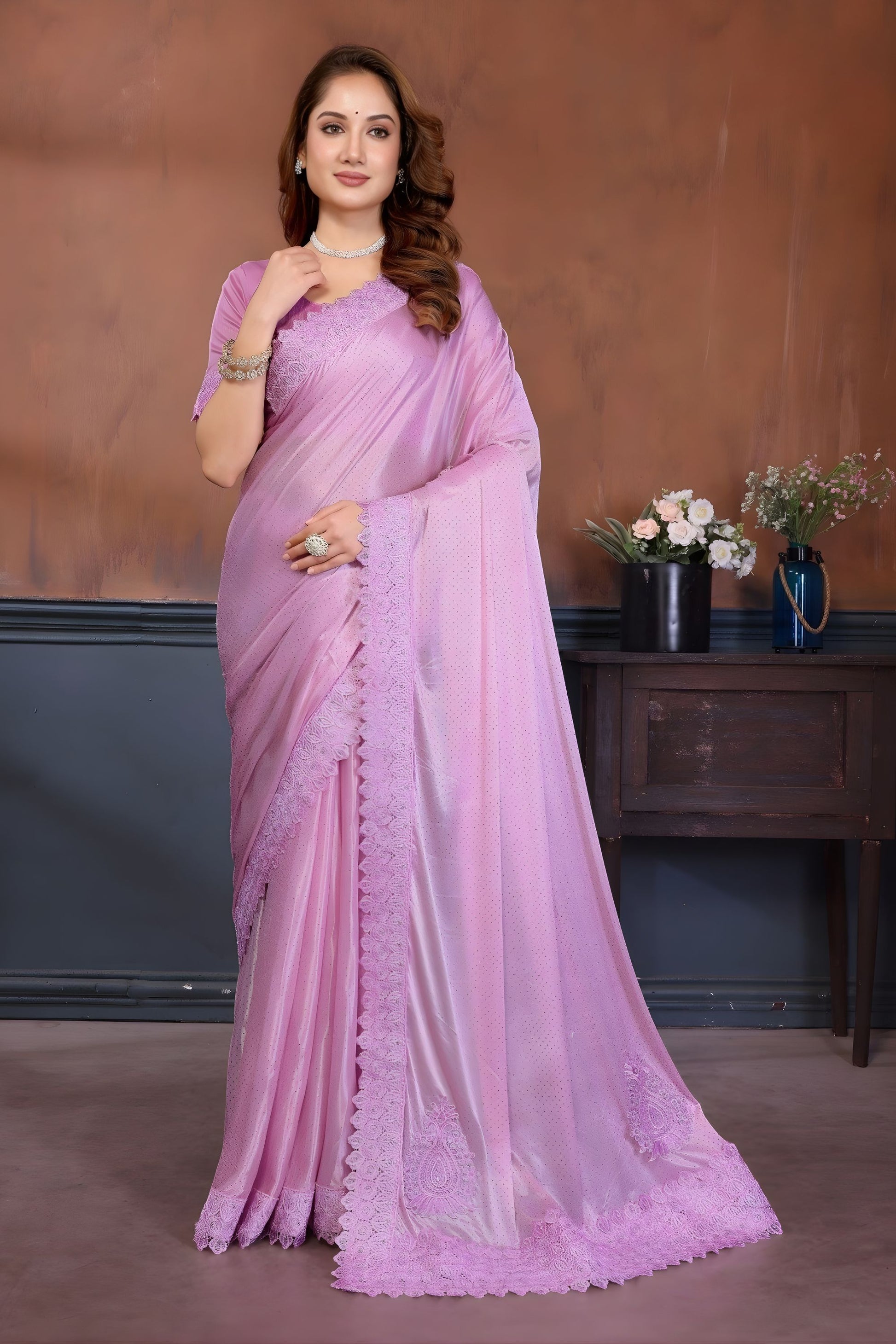 Lavender Pink Designer Embroidered Saree with Lace Border 