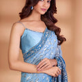 Stunning Sky Blue Soft Georgette Thread Work Saree for Women