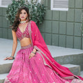 Vibrant Pink Art Silk Lehenga Choli with Heavy Embroidered Border and Matching Dupatta
