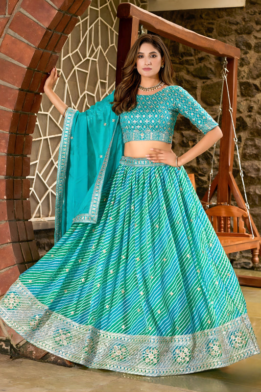 Glorious Sea Green Art Silk Lehenga Choli with Heavy Embroidered Border and Matching Dupatta