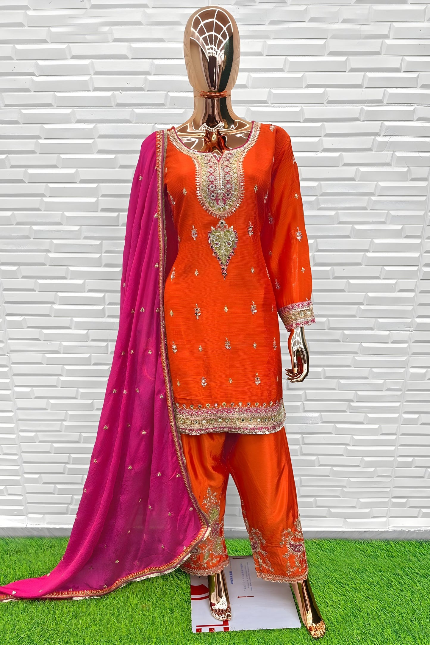 Elegant Orange Chinon Silk Embroidered Salwar Suit Designer Dupatta for Festive
