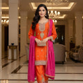 Elegant Orange Chinon Silk Embroidered Pakistani Suit Designer Dupatta for Festive
