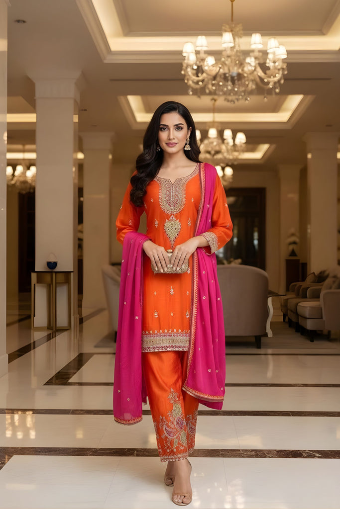 Elegant Orange Chinon Silk Embroidered Pakistani Suit Designer Dupatta for Festive