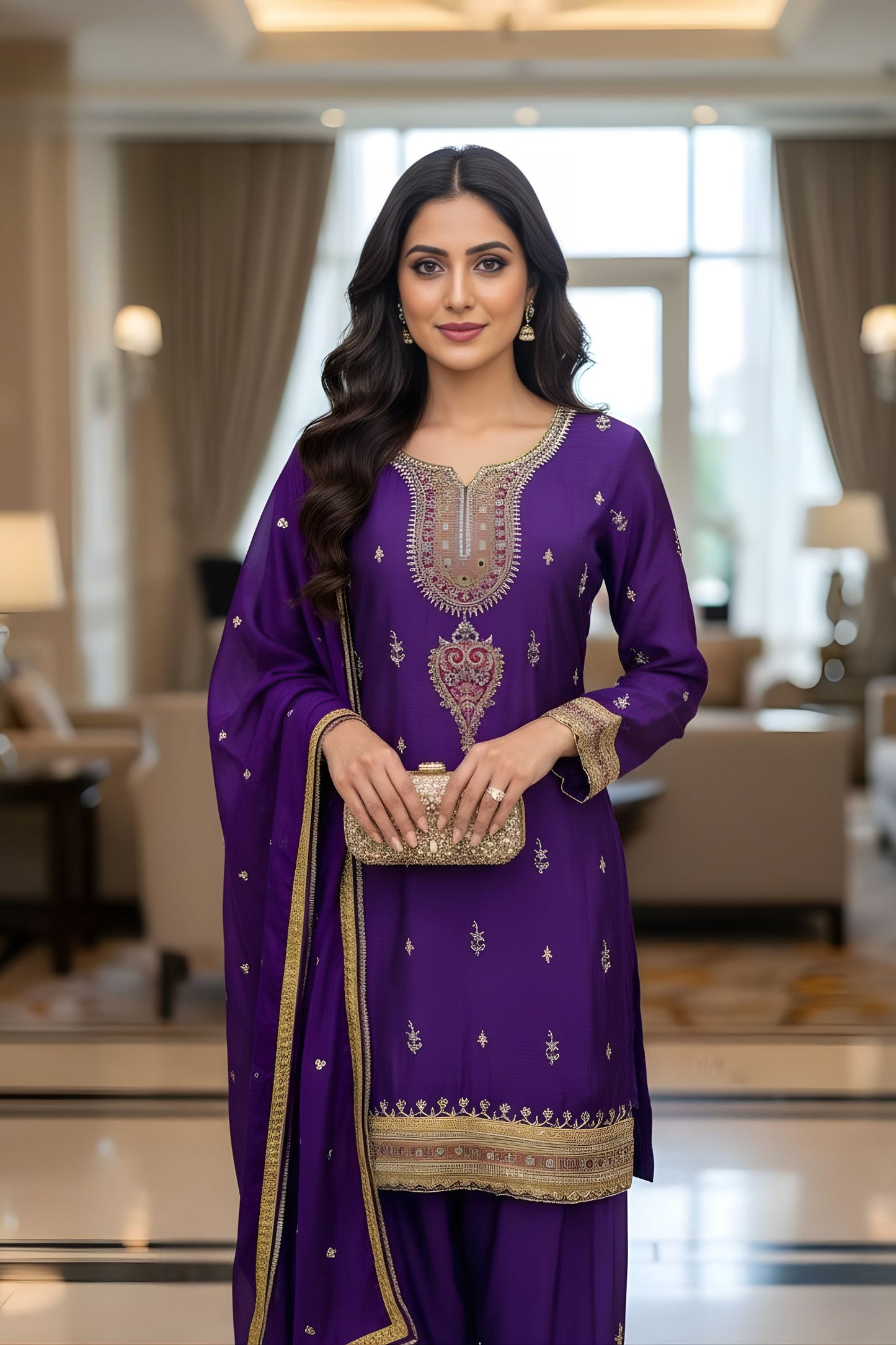 Elegant Purple Chinon Silk Embroidered Salwar Suit Dupatta Festive Wear