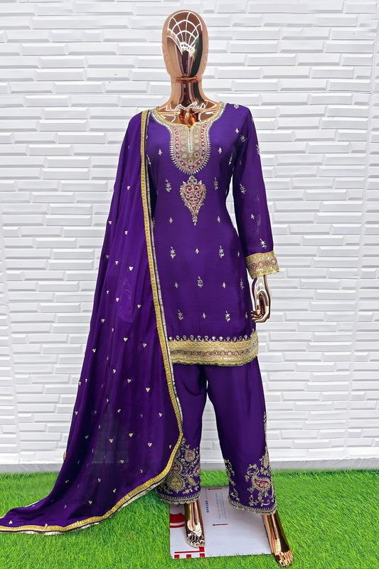 Elegant Purple Chinon Silk Embroidered Salwar Suit Dupatta Festive Wear