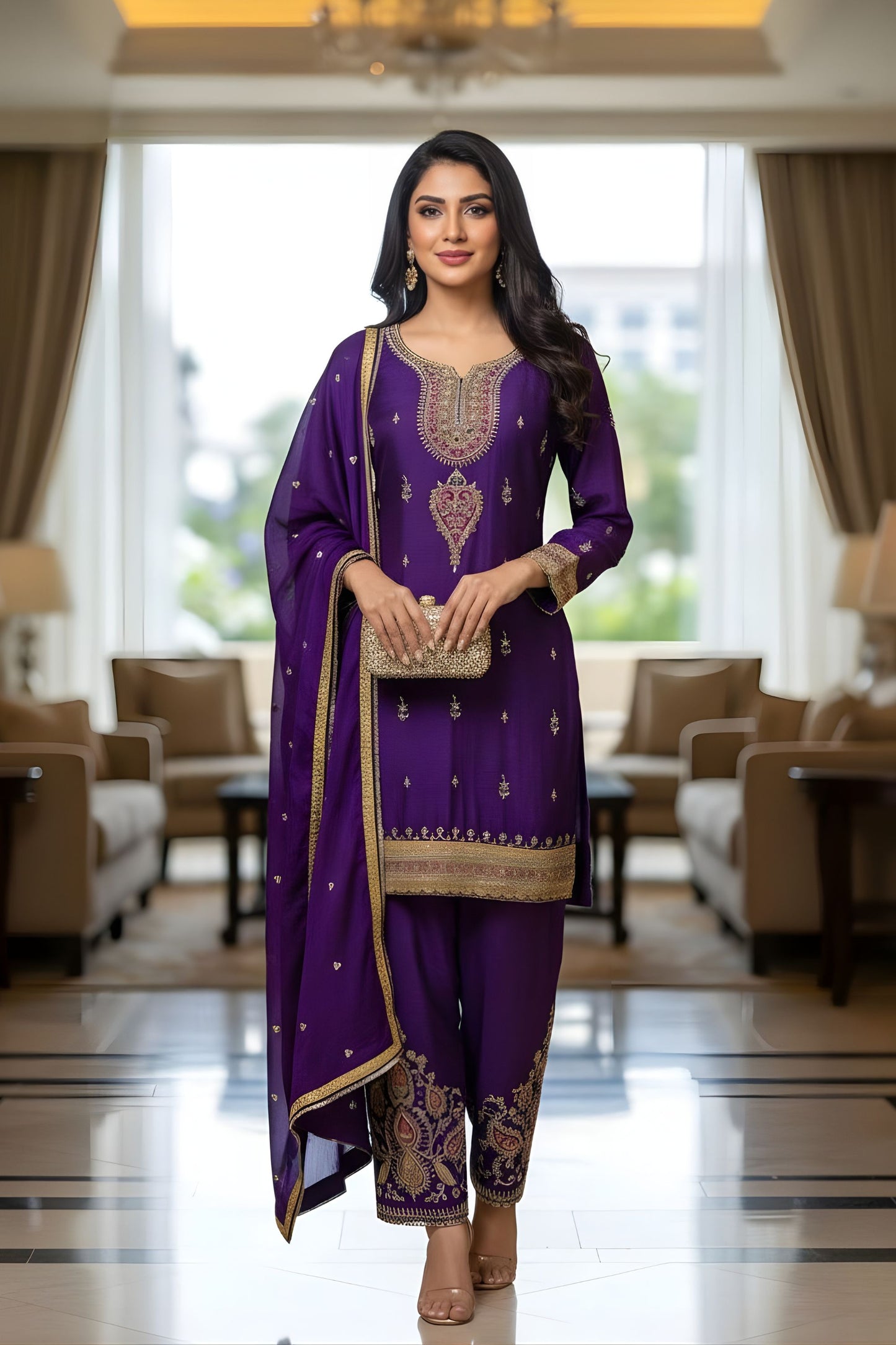 Elegant Purple Chinon Silk Embroidered Salwar Suit Dupatta Festive Wear