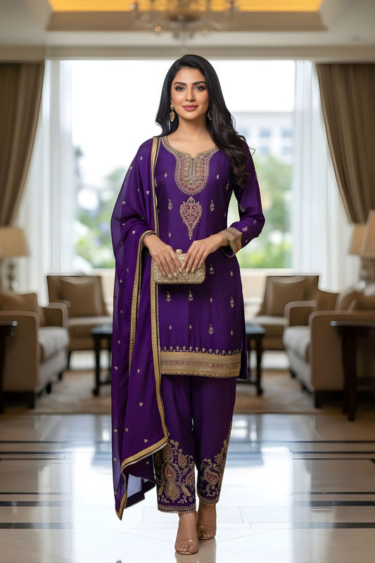 Elegant Purple Chinon Silk Embroidered Salwar Suit Dupatta Festive Wear