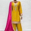 Elegant Mustard Yellow Chinon Silk Embroidered Salwar Suit Pink Designer Dupatta