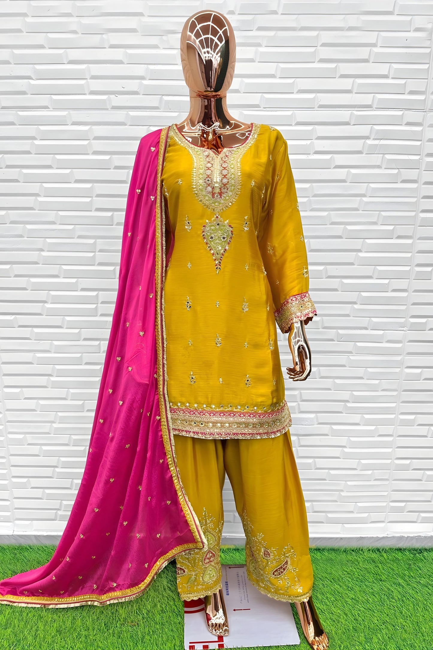 Elegant Mustard Yellow Chinon Silk Embroidered Salwar Suit Pink Designer Dupatta