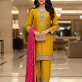 Elegant Mustard Yellow Chinon Silk Embroidered Salwar Suit Pink Designer Dupatta
