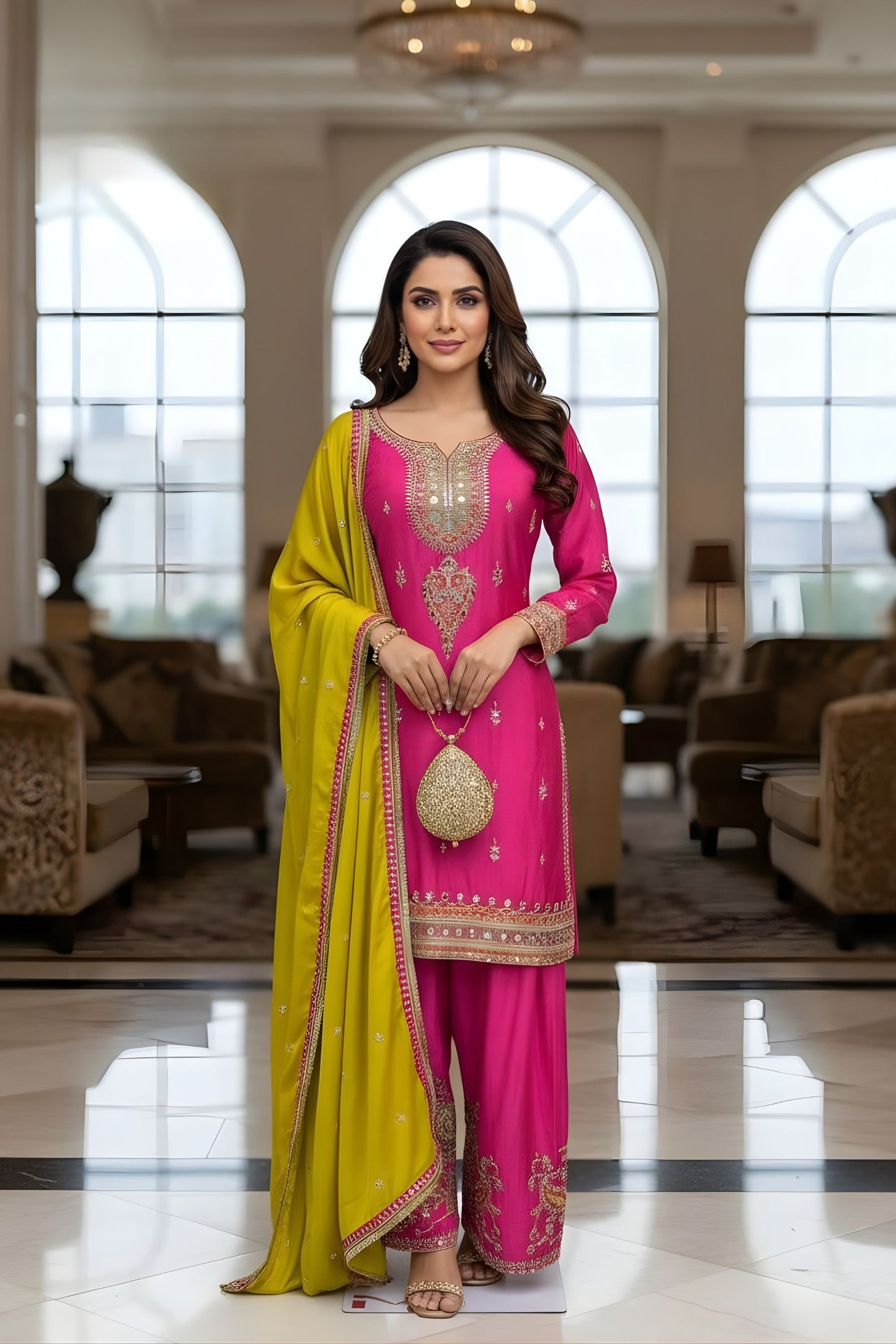 Elegant Rani Pink Chinon Silk Embroidered Salwar Suit Designer Dupatta