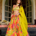 Radiant Yellow Floral Printed Soft Organza Festive Lehenga Choli with Dupatta for Women