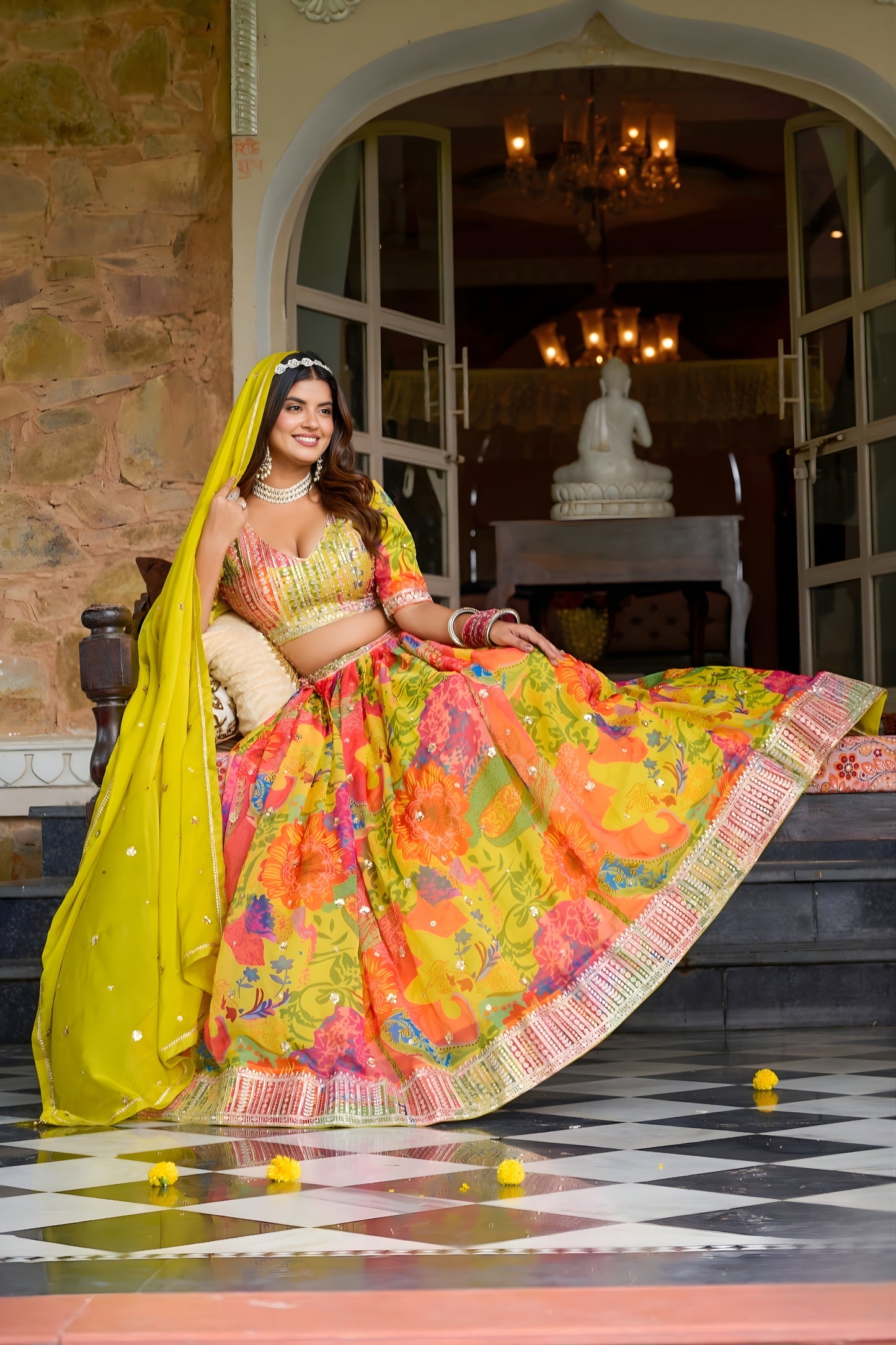 Radiant Yellow Floral Printed Soft Organza Festive Lehenga Choli with Dupatta for Women