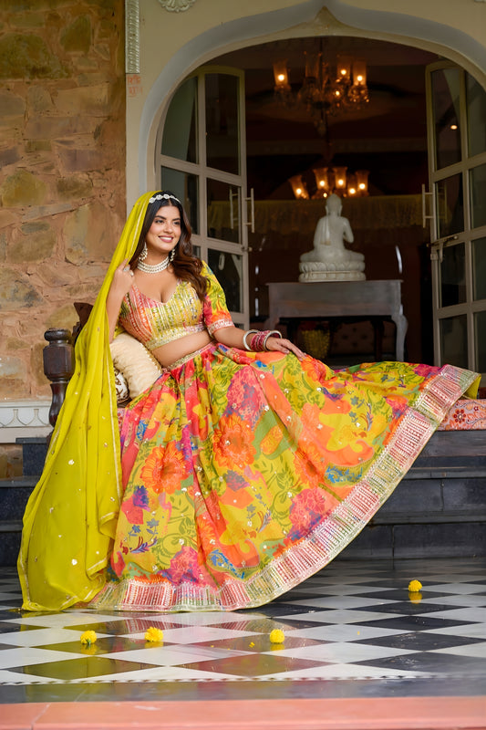 Radiant Yellow Floral Printed Soft Organza Festive Lehenga Choli with Dupatta for Women