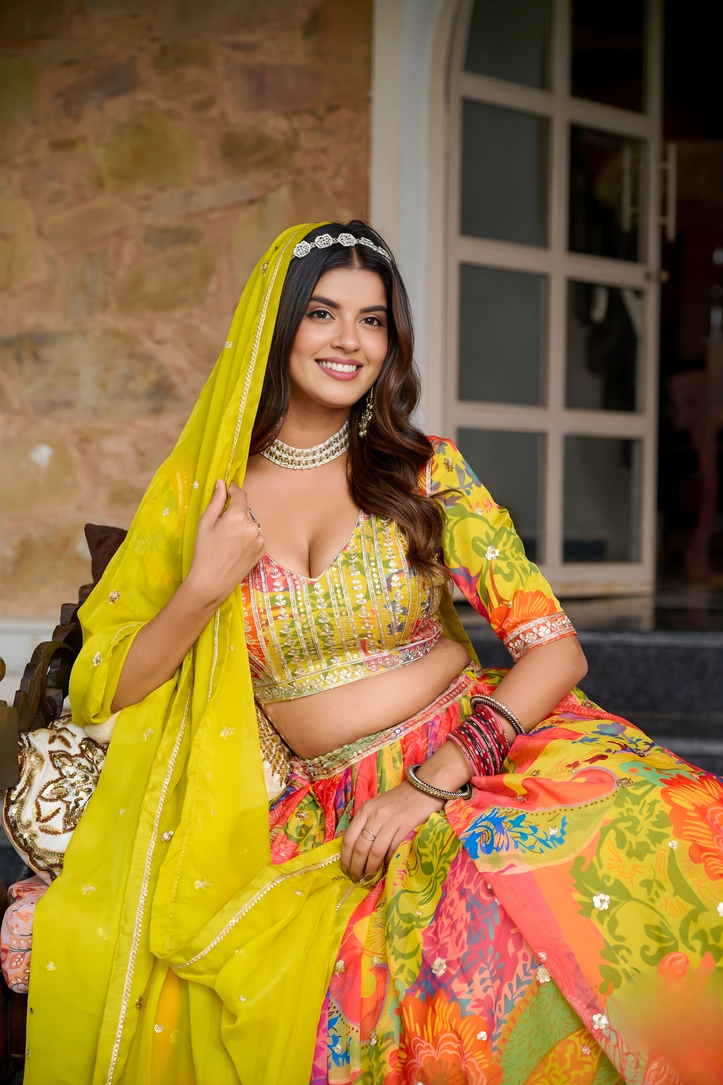 Radiant Yellow Floral Printed Soft Organza Festive Lehenga Choli with Dupatta for Women