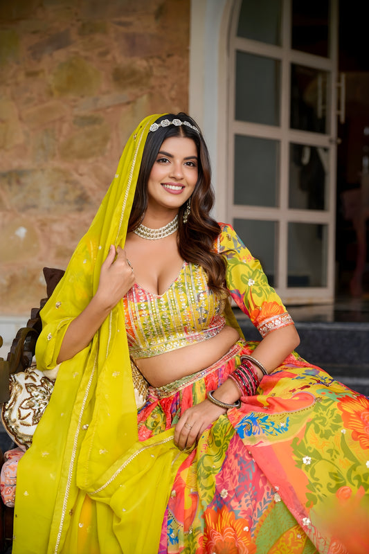 Radiant Yellow Floral Printed Soft Organza Festive Lehenga Choli with Dupatta for Women