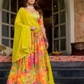 Radiant Yellow Floral Printed Soft Organza Festive Lehenga Choli with Embroidered Dupatta for Women