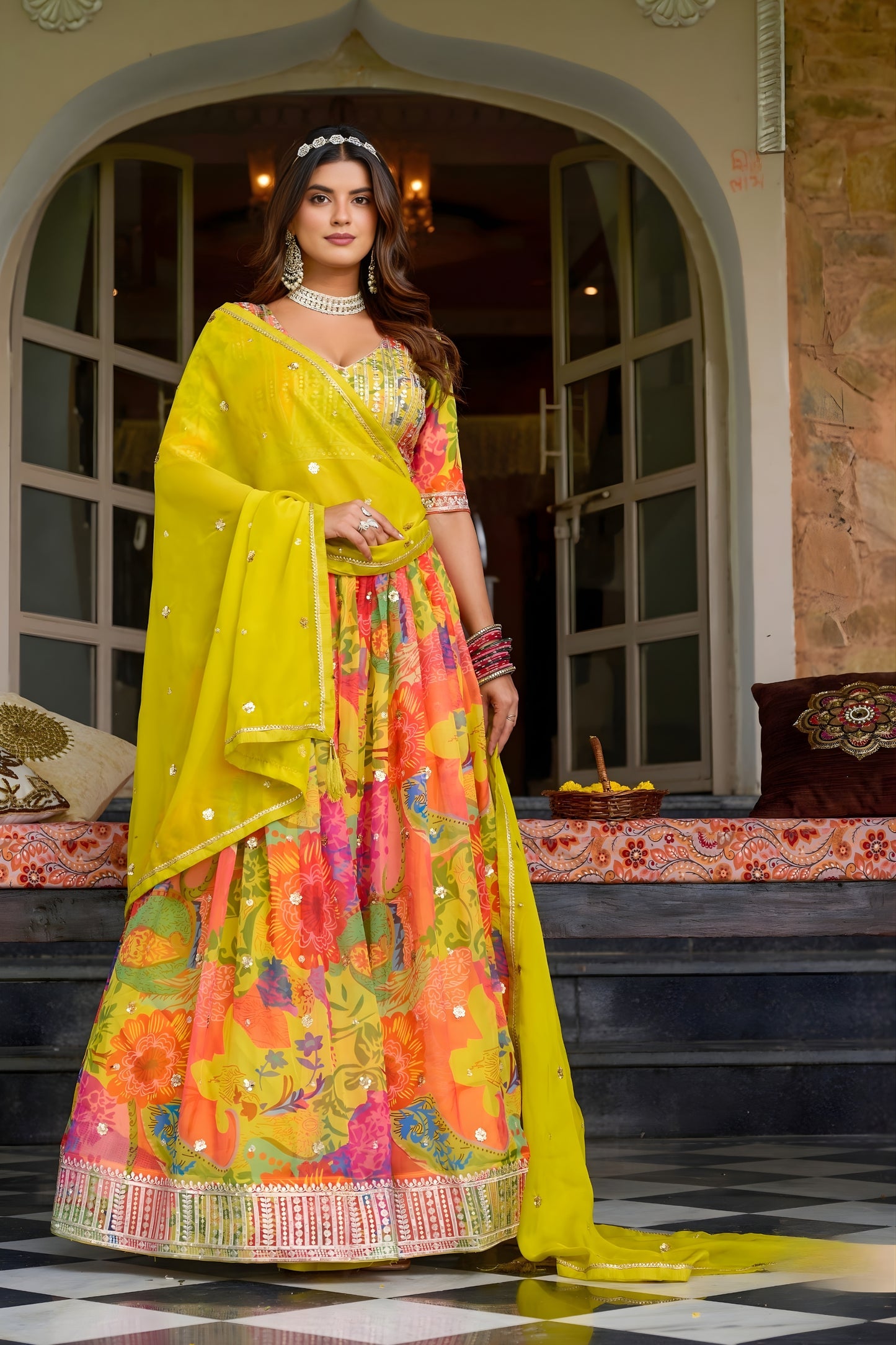 Radiant Yellow Floral Printed Soft Organza Festive Lehenga Choli with Embroidered Dupatta for Women