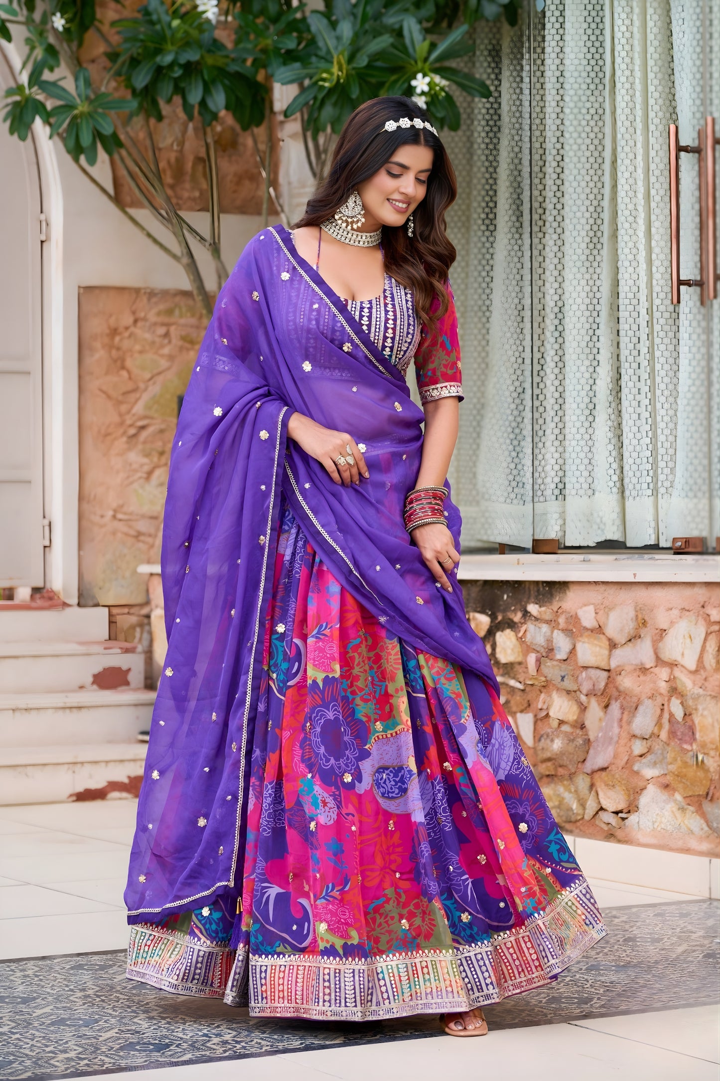 Elegant Purple Floral Printed Soft Organza Lehenga Choli with Dupatta for Women