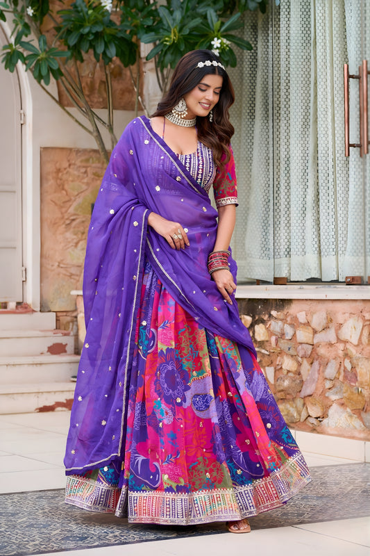 Elegant Purple Floral Printed Soft Organza Lehenga Choli with Dupatta for Women