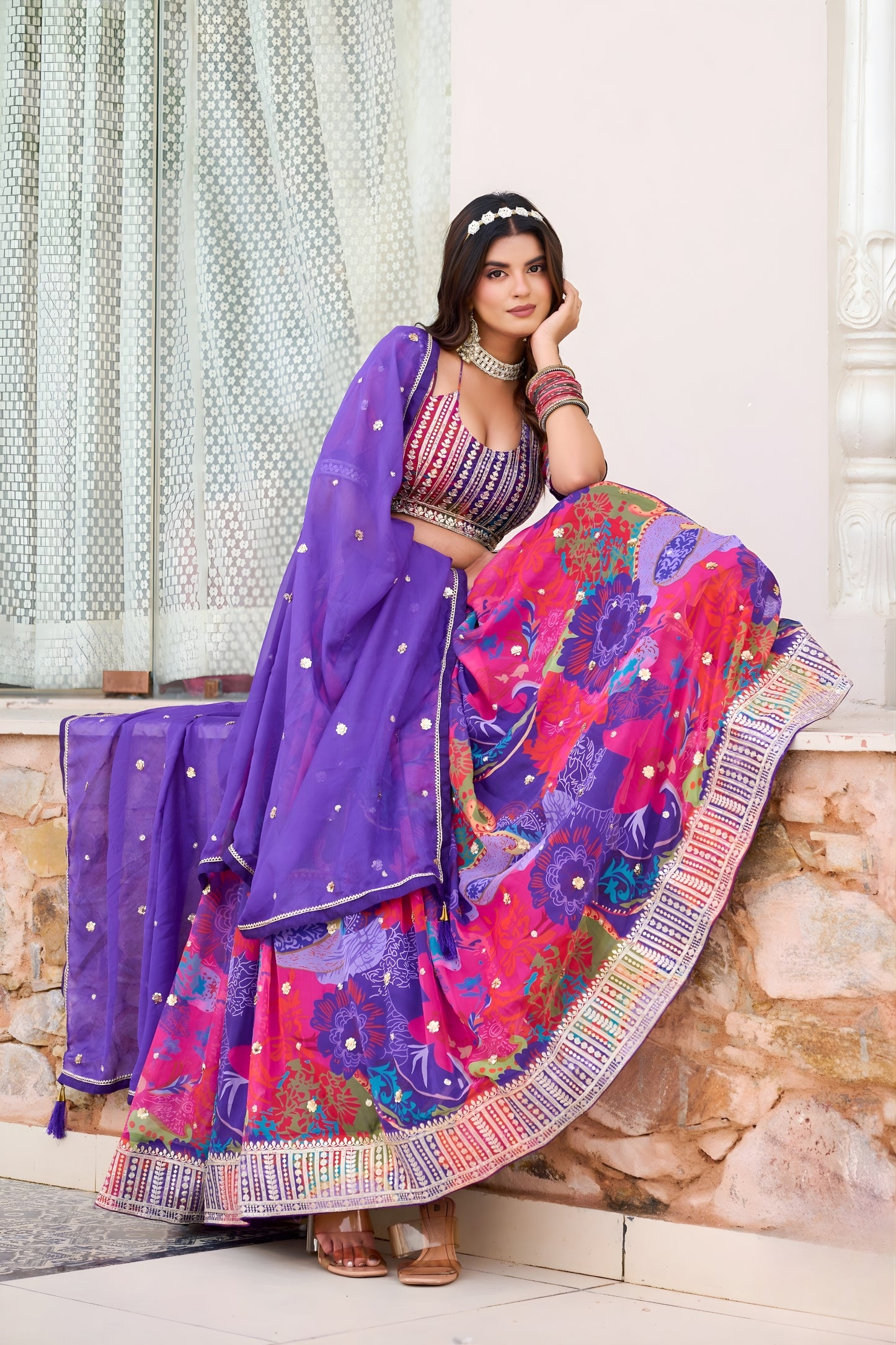Elegant Purple Floral Printed Soft Organza Lehenga Choli with Dupatta for Women