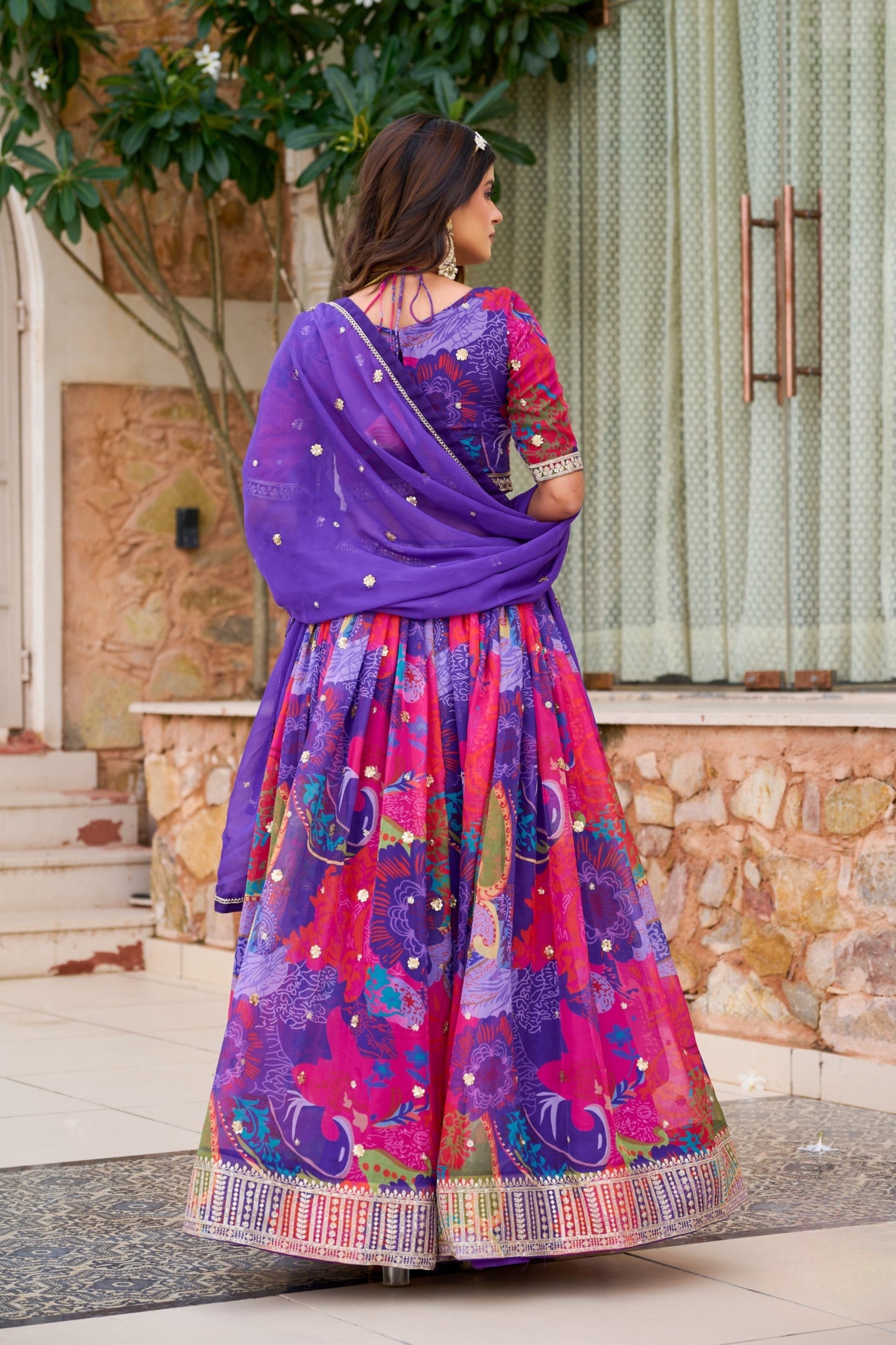 Elegant Purple Floral Printed Soft Organza Lehenga Choli with Dupatta for Women