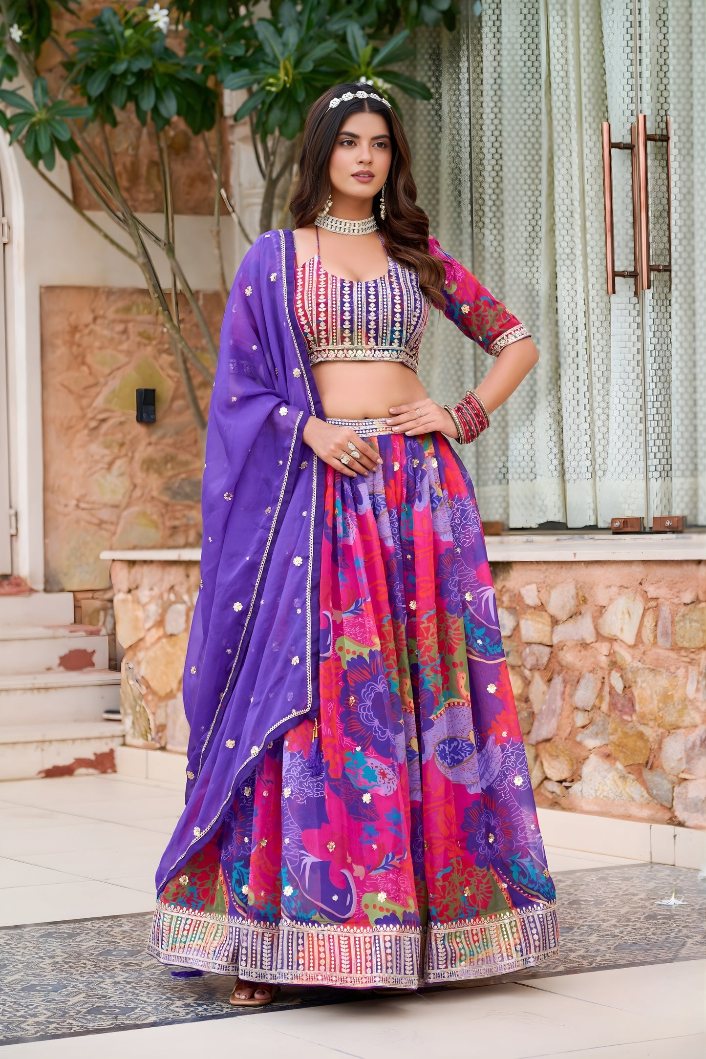 Elegant Purple Floral Printed Soft Organza Lehenga Choli with Dupatta for Women